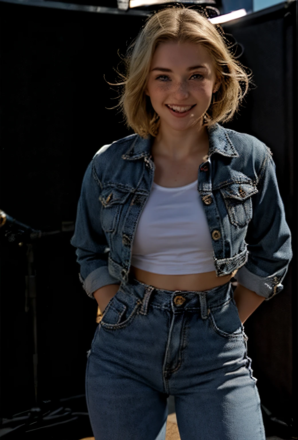 A 21-year-old girl named Kate with short blonde hair, very nice medium-sized breasts, and a height of 1.60 meters, has a white British style. Kate is beautiful, with an angelic face and light freckles around her nose. Kate is wearing light blue jeans with a light denim jacket and a plain white shirt underneath. Kate is wearing light-colored All Star sneakers. She is standing with a music recording studio in the background, equipped with a guitar, an electric guitar, a mixing console, and all the equipment typical of a recording studio. Kate is standing with a microphone near her mouth as if she is singing, posing for a photo for the marketing of her new song. Kate looks happy.