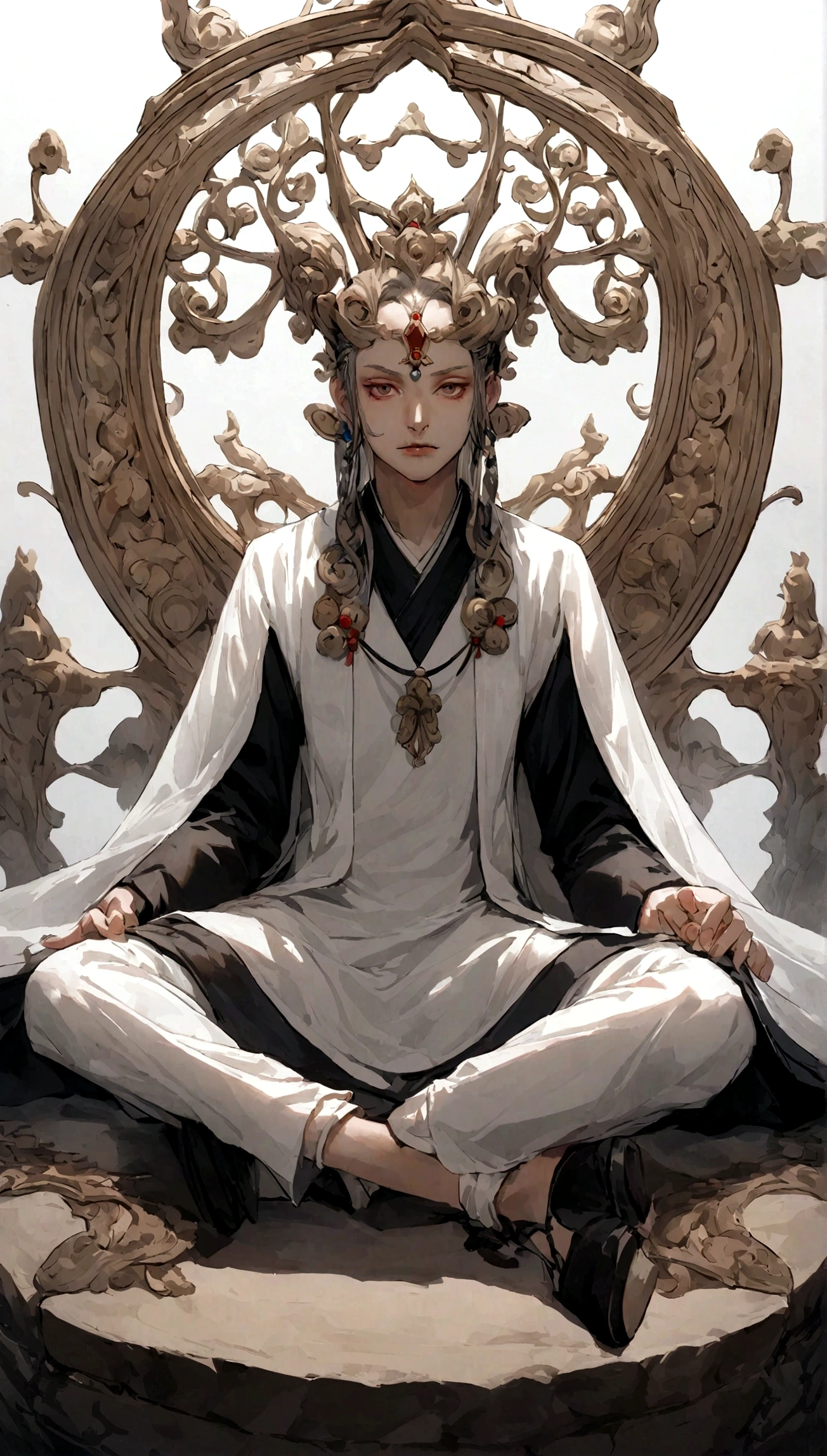 Close-up of a young Chinese taoist leader sitting on a stone,longos cabelos grisalhos,Crescer a barba,Cross-legged meditation,Taoism, Vestido com um manto preto,magical aura,taoist,taoist,Localizado no centro,facing the camera,