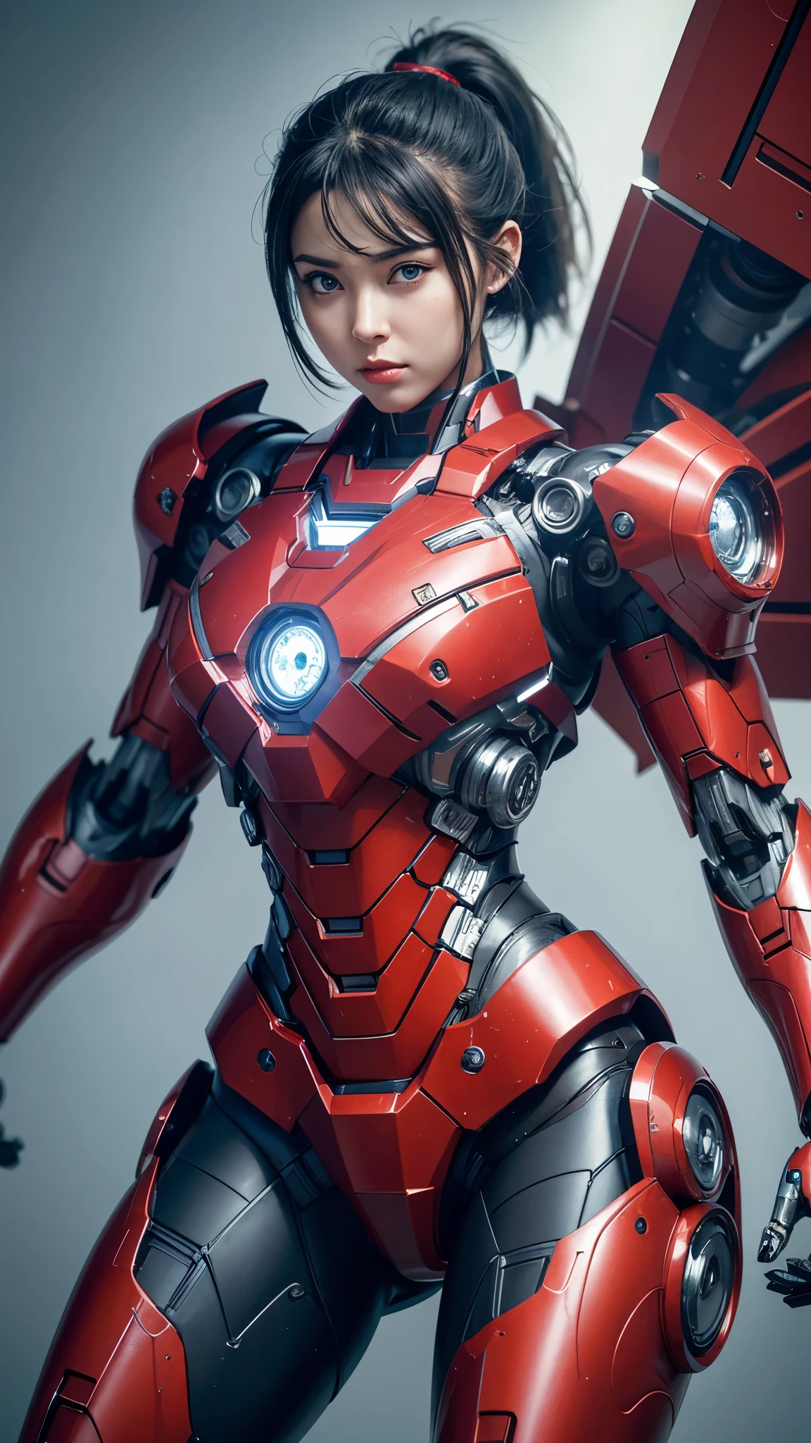 Textured skin, Super Detail, high details, High quality, Best Quality, hight resolution, 1080p, hard disk, Beautiful,(Iron Girl),beautiful cyborg woman,Mecha Cyborg Girl,Battle Mode,Girl with a Mecha Body,She wears an Iron Man mech,A powerful cyborg woman, sleek and futuristic, with advanced mechanical augmentations that enhance her strength and capabilities