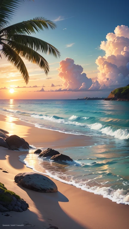 A tranquil seaside landscape, sun-drenched ocean, golden sand beach, beautiful detailed clouds, serene atmosphere, oil painting, lush tropical foliage, warm inviting light, soft pastel colors, enchanting dream-like quality, ultra-detailed, (best quality,4k,8k,highres,masterpiece:1.2),ultra-detailed,(realistic,photorealistic,photo-realistic:1.37),landscape,seascape,seascape painting,tropical paradise,idyllic beach scene,cinematic lighting,vibrant colors,stunning realism