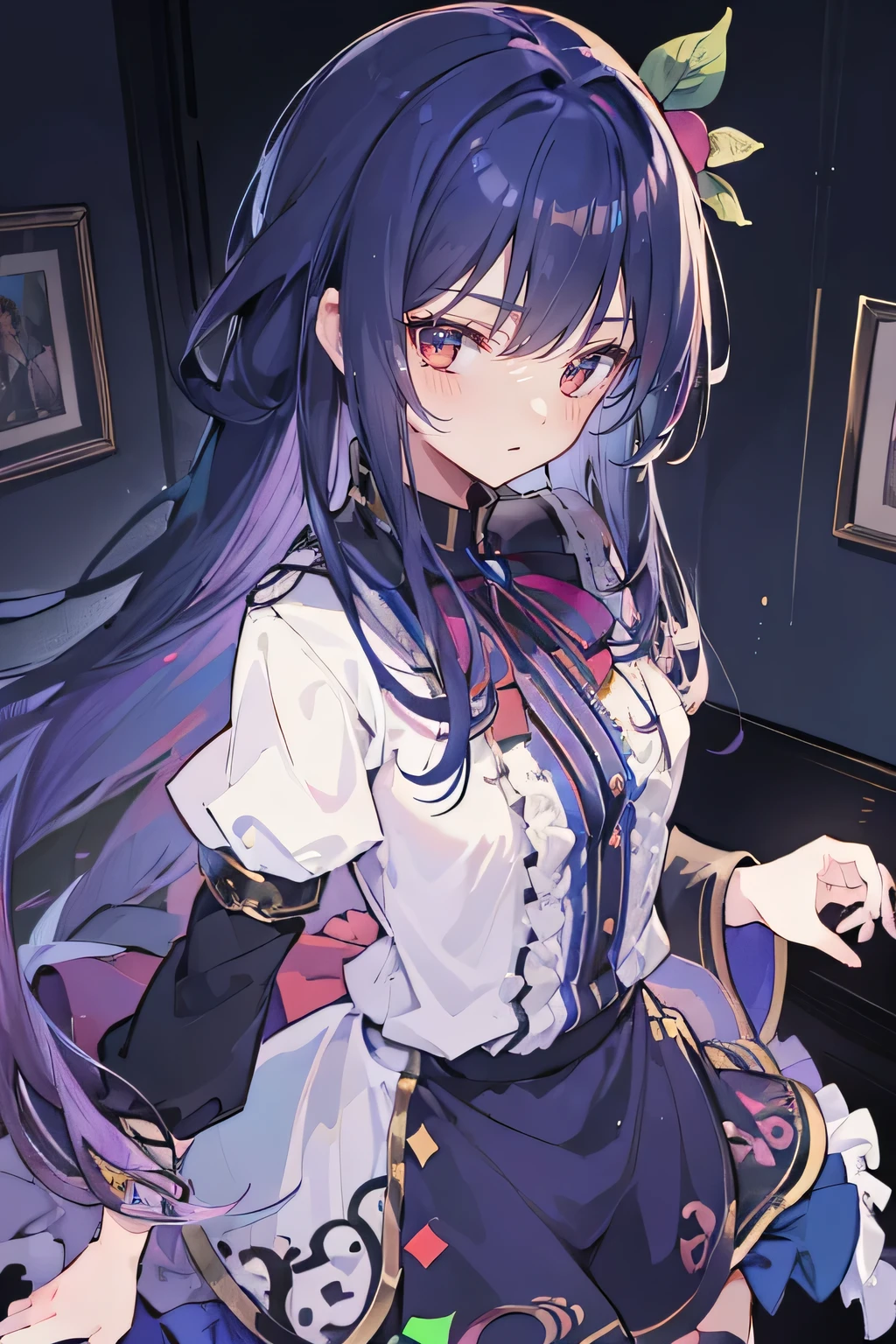 (best quality:1.3), (masterpiece:1.3), (illustration:1.3), (ultra-detailed:1.3), (imid shot:0.9), 1girl, medium breasts, purple eyes, (((dark blue hair))), hair ornaments, young, outfit-gladiia, long hair, dark blue hair, indoors, black shorts, thigh-highs, low ponytail, expressionless, upper body, close up, coat, skirt,