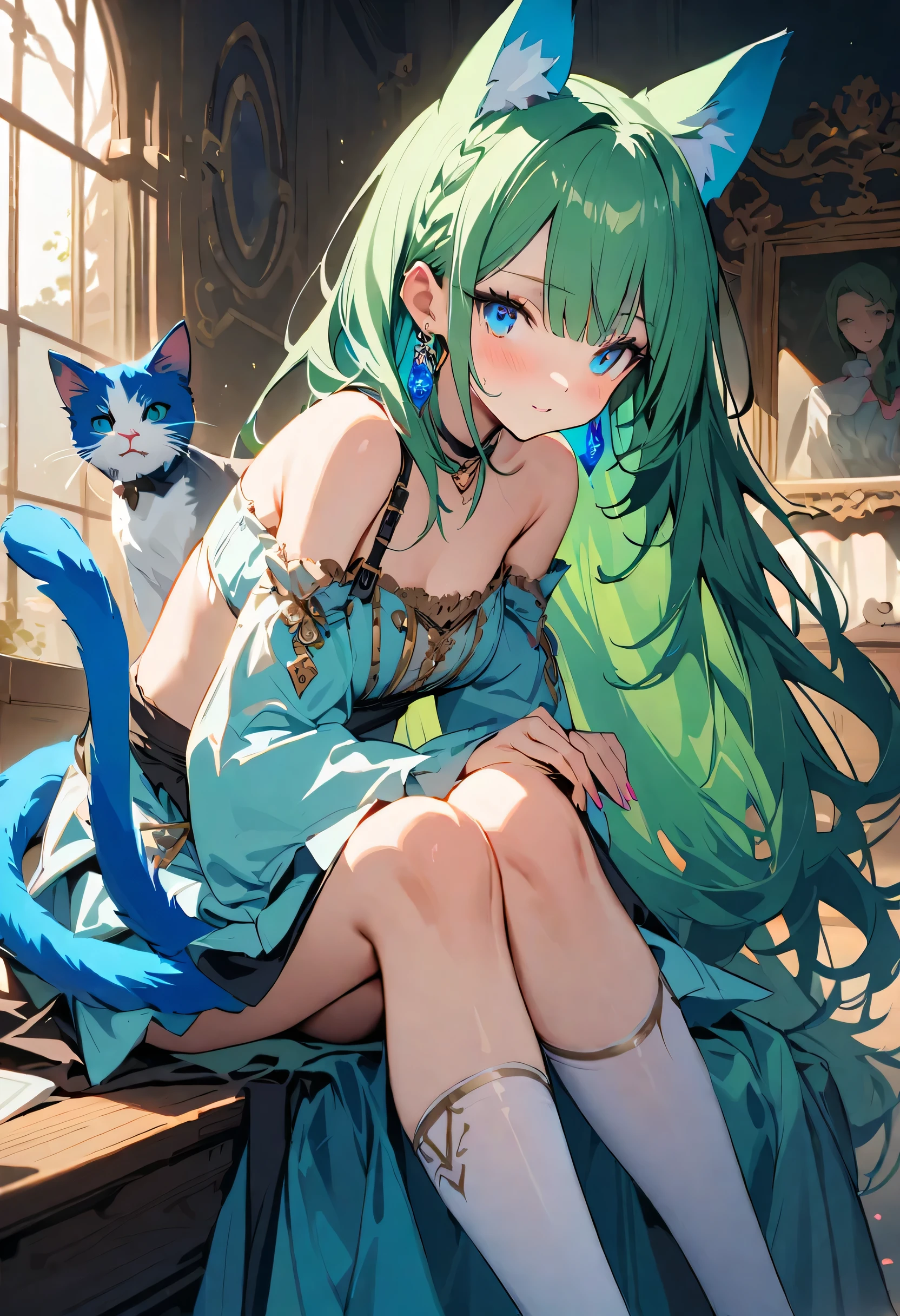 masterpiece, Highest quality, Illustrations for novels, High resolution, 18+ Adult content, Sensual, Intimate, Emotional, Passionate, romantic, sweet, Adorable, Innocent, Pure, Enchanting, Enchantingな, attractive, mysterious, Enchantingな, Enchanting, Immersive, Enchantingな, dream-like, Surreal, Imaginative, Whimsical, Artistic, Avant-garde, timeless, elegant, Sophisticated, chic, Sophisticated, Individuality, original, Enchantingな,One girl,Deltamon_beta, alone, blue eyes, Knee socks, Animal ears, Bare shoulders, Blue Tail, Earrings,Removable sleeves, Green Hair, No sleeve, Cat ear, bag, white Knee socks, Cat&#39;s Tail,pink backpack,Pink school bag,(Cheetah Dress:1.3), Paired with ivory tights and Mary Jane shoes.
rest ((Avoidance method ((kitten)), Crying face))