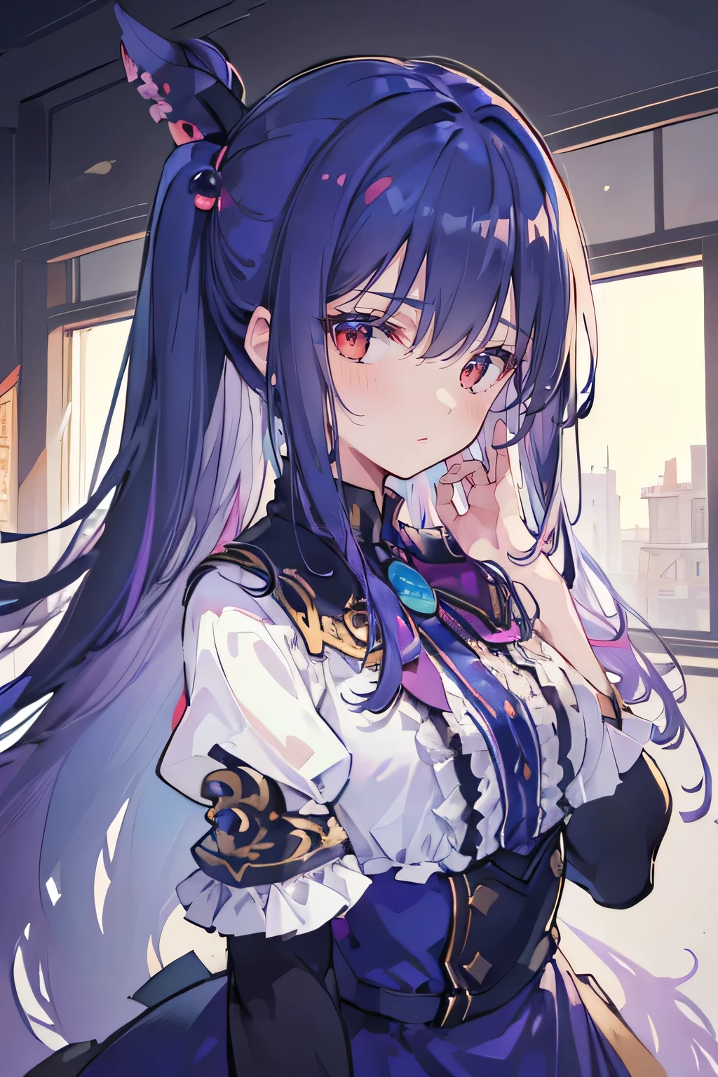 (best quality:1.3), (masterpiece:1.3), (illustration:1.3), (ultra-detailed:1.3), (imid shot:0.9), 1girl, medium breasts, purple eyes, (((dark blue hair))), hair ornaments, young, outfit-gladiia, long hair, dark blue hair, indoors, black shorts, thigh-highs, low ponytail, expressionless, upper body, close up, coat, skirt,