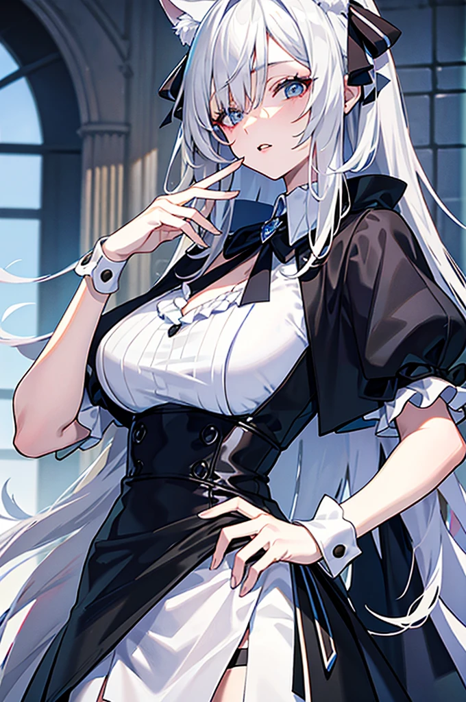Highest quality, shape, Very detailed, In detail, High resolution, 8k wallpaper, Perfect dynamic composition, Beautiful details, Center of chest, Natural color lip, Random sexy poses,smile,20-year-old girl,Huge , A woman with long, straight silver hair wearing a black and white striped dress and a red apron