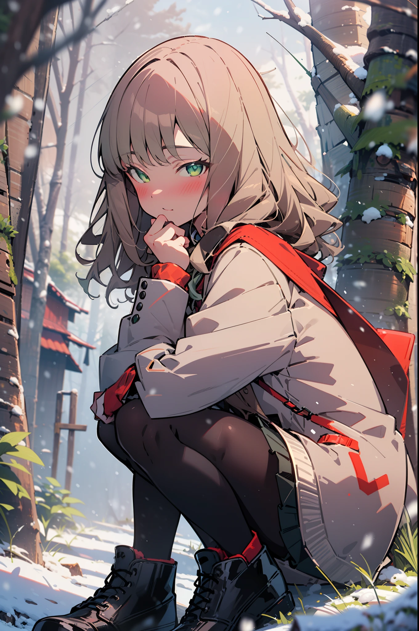 minami yume ,sss Dynazenon ,Long Hair, Brown Hair, (Green Eyes:1.5) ,Center of chest,hair band,smile,blush,White Breath,
Open your mouth,snow,Ground bonfire, Outdoor, boots, snowing, From the side, wood, suitcase, Cape, Blurred, , forest, White handbag, nature, Squat, Mouth closed, Cape, winter, Written boundary depth, Black shoes, red Cape break looking at viewer, Upper Body, whole body, break Outdoor, forest, nature, break (masterpiece:1.2), highest quality, High resolution, unity 8k wallpaper, (shape:0.8), (Beautiful and beautiful eyes:1.6), Highly detailed face, Perfect lighting, Extremely detailed CG, (Perfect hands, Perfect Anatomy),
