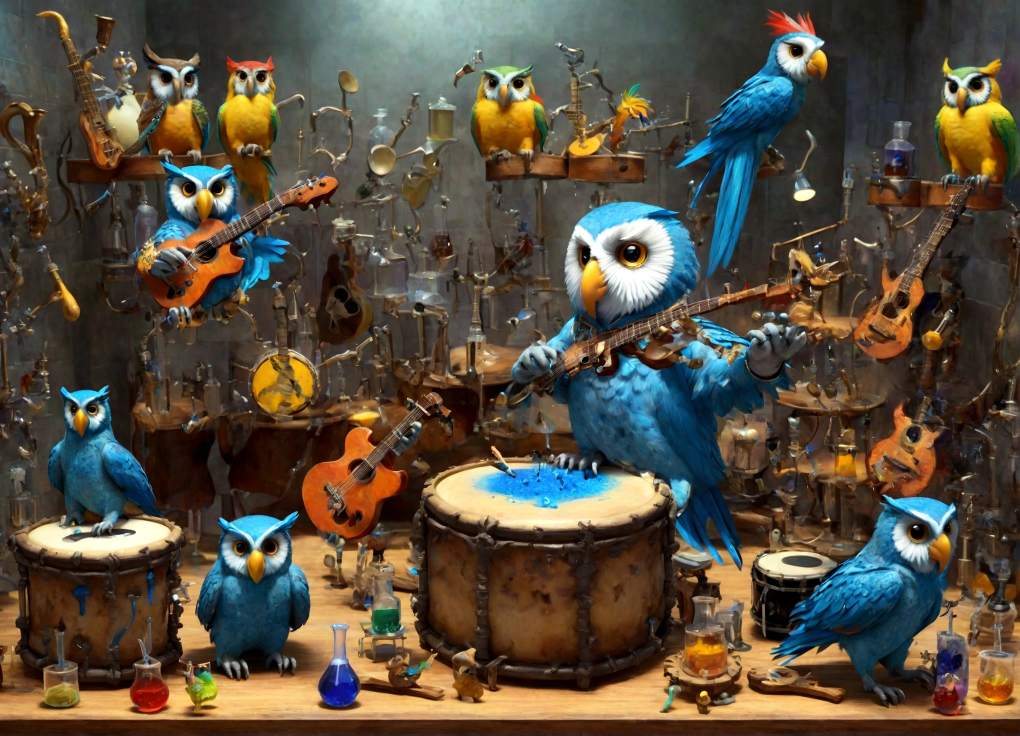 Sucrose in his laboratory, with music guitars and drums, to make a blue potion; animals(owls and parrots) playing musical instruments.