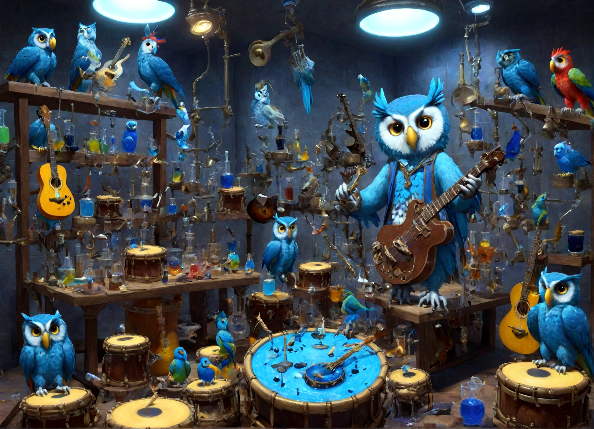 Sucrose in his laboratory, with music guitars and drums, to make a blue potion; animals(owls and parrots) playing musical instruments.