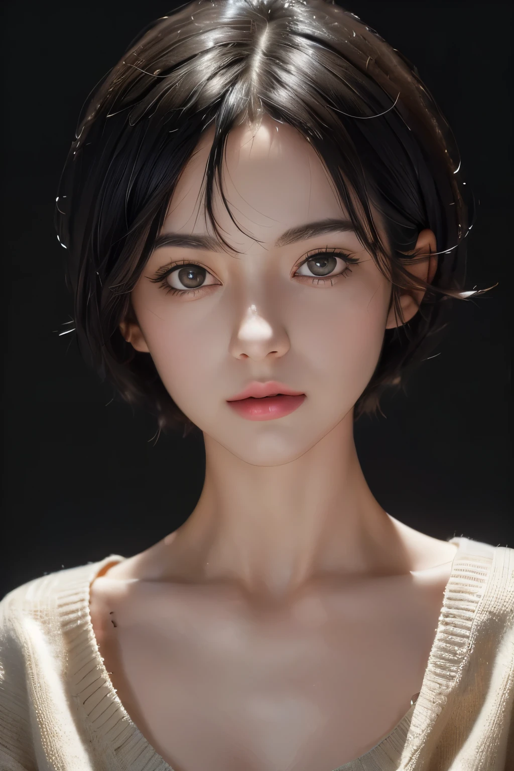 (masterpiece:1.3), (8K, realistic, RAW photos, best quality: 1.4), (1 woman), beautiful face, (realistic face), (black hair, Short hair:1.3), beautiful hairstyle, realistic eyes, beautiful detailed eyes, (realistic skin), beautiful skin, (sweater), absurd, attractive, ultra high resolution, extremely realistic, very detailed, golden ratio