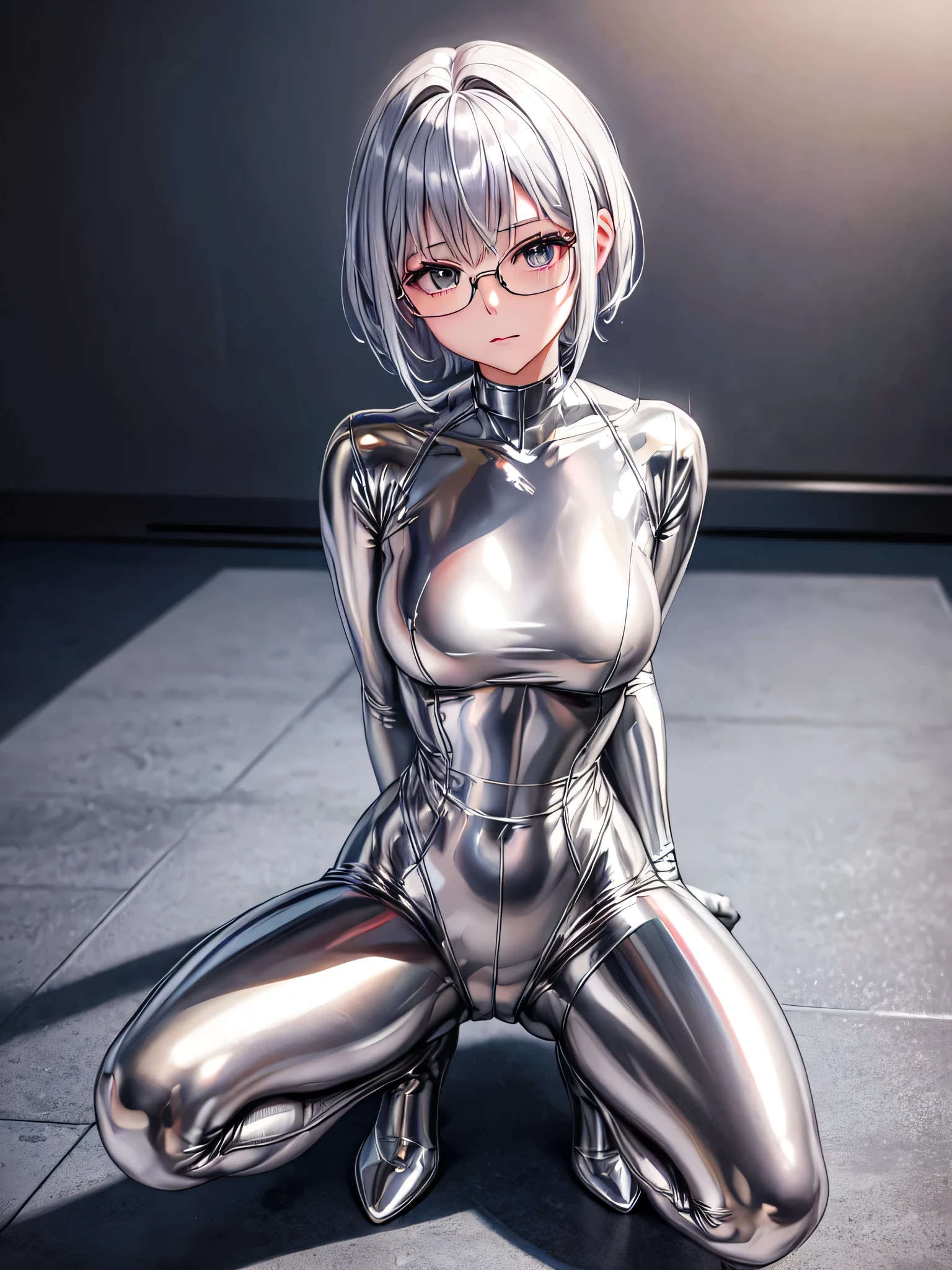 Highest quality 8K UHD、Mastepiece、Close-up、short hair、Squatting with legs apart、Open legs、muscle、Silver Hair、Glasses、Shiny silver tights、A beautiful woman wearing a full-body silver metallic suit、Full body silver metallic rubber suit