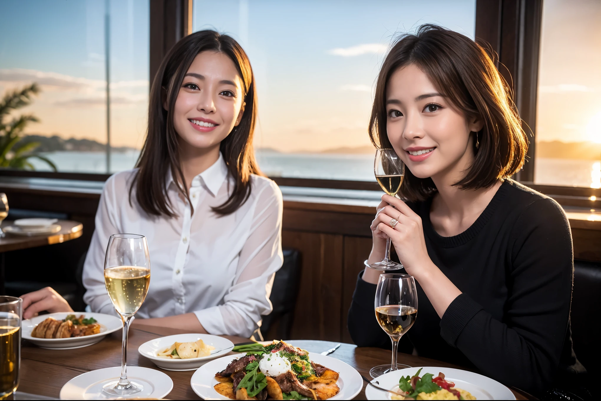 ((highest quality、8k、masterpiece:1.3))、1 male、1 female、A lover who resembles Satomi Ishihara、Beautiful couple、smile、full-course dinner、 (Slim face), (the body is スリム), (Brown Hair), (short hair), テーブルの上のwine glass、Please shine a light on my face、 Amazing view of the sunset sky and clouds、 (Age 37), 39 years old, red wine 、Appetizers、Italian food、Wine bottle、Champagne、sparkling wine、Long sleeve shirt、dress、White wine, red wine, wine glass,