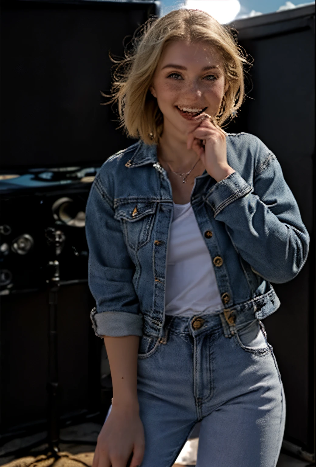 A 21-year-old girl named Kate with short blonde hair, very nice medium-sized breasts, and a height of 1.60 meters, has a white British style. Kate is beautiful, with an angelic face and light freckles around her nose. Kate is wearing light blue jeans with a light denim jacket and a plain white shirt underneath. Kate is wearing light-colored All Star sneakers. She is standing with a music recording studio in the background, equipped with a guitar, an electric guitar, a mixing console, and all the equipment typical of a recording studio. Kate is standing with a microphone near her mouth as if she is singing, posing for a photo for the marketing of her new song. Kate looks happy.