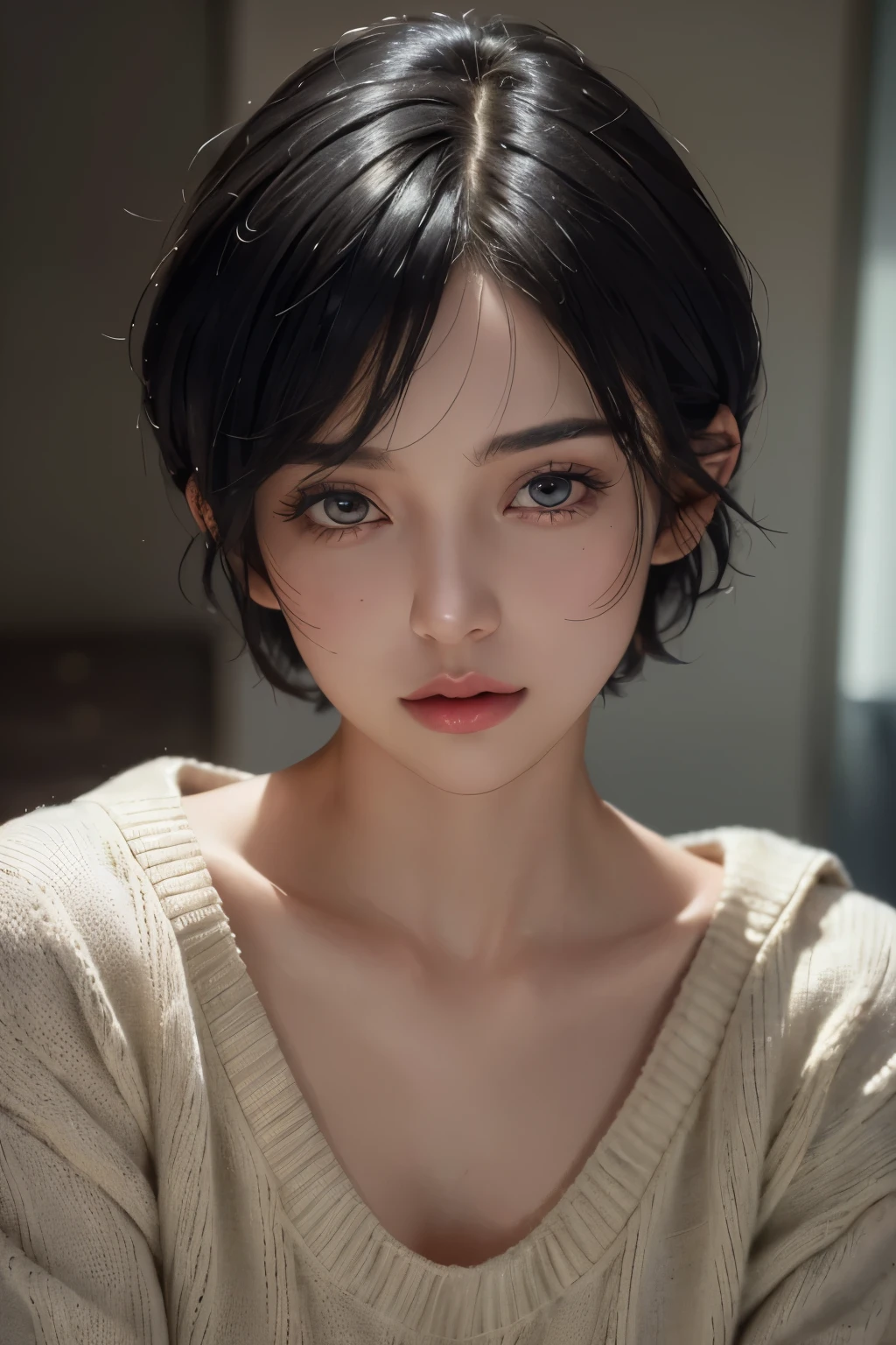 (masterpiece:1.3), (8K, realistic, RAW photos, best quality: 1.4), (1 woman), beautiful face, (realistic face), (black hair, Short hair:1.3), beautiful hairstyle, realistic eyes, beautiful detailed eyes, (realistic skin), beautiful skin, (sweater), absurd, attractive, ultra high resolution, extremely realistic, very detailed, golden ratio