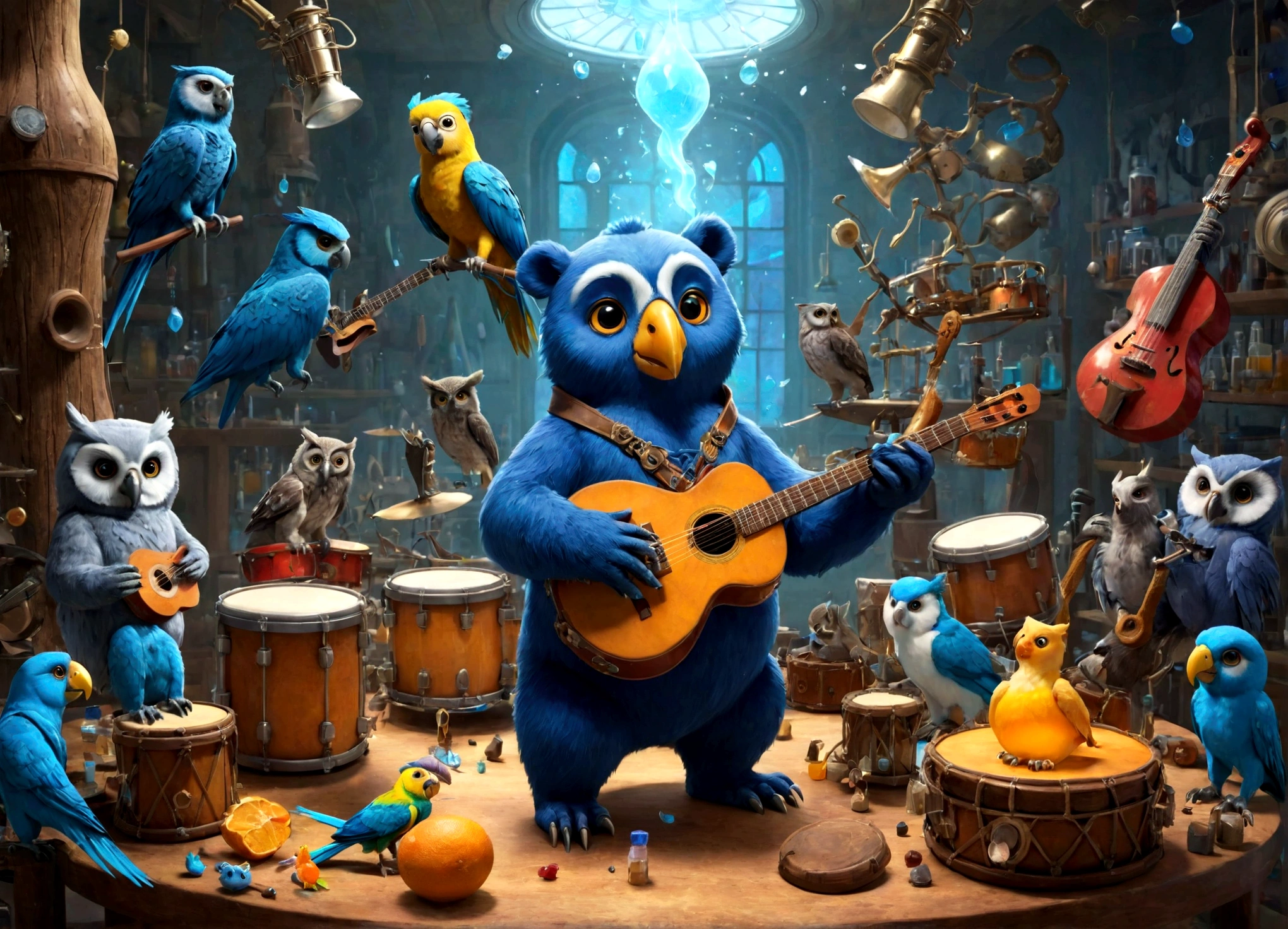 Sucrose in his laboratory, with music guitars and drums, to make a blue potion; animals(bears, owls and parrots) playing musical instruments.