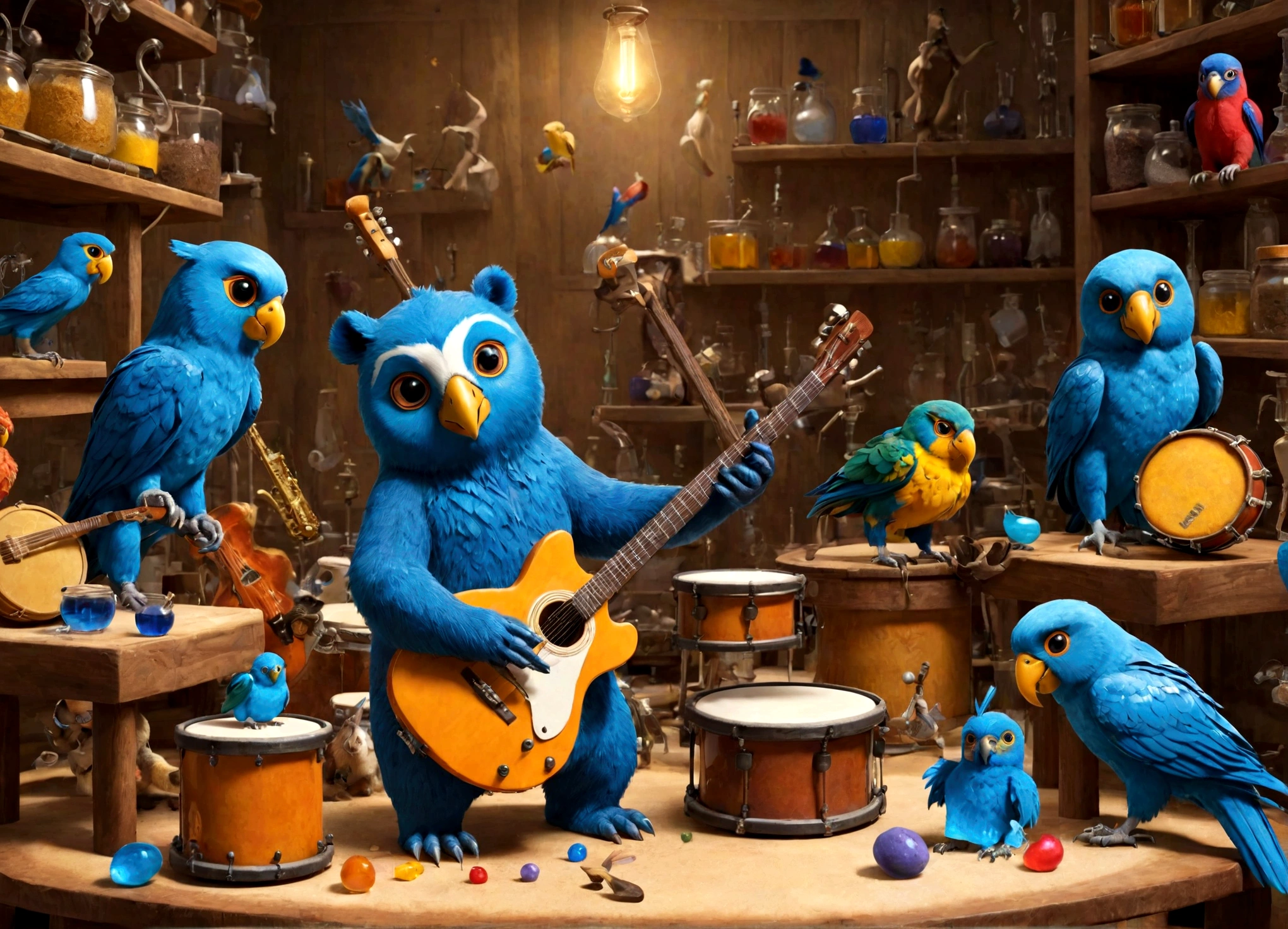 Sucrose in his laboratory, with music guitars and drums, to make a blue potion; animals(bears, owls and parrots) playing musical instruments.