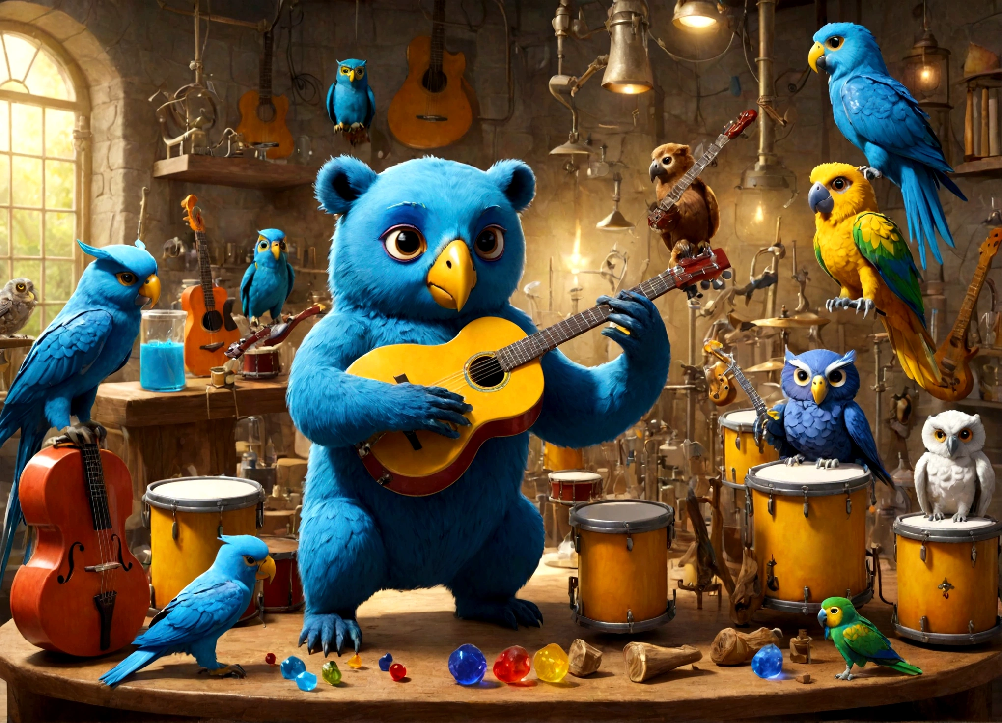 Sucrose in his laboratory, with music guitars and drums, to make a blue potion; animals(bears, owls and parrots) playing musical instruments.