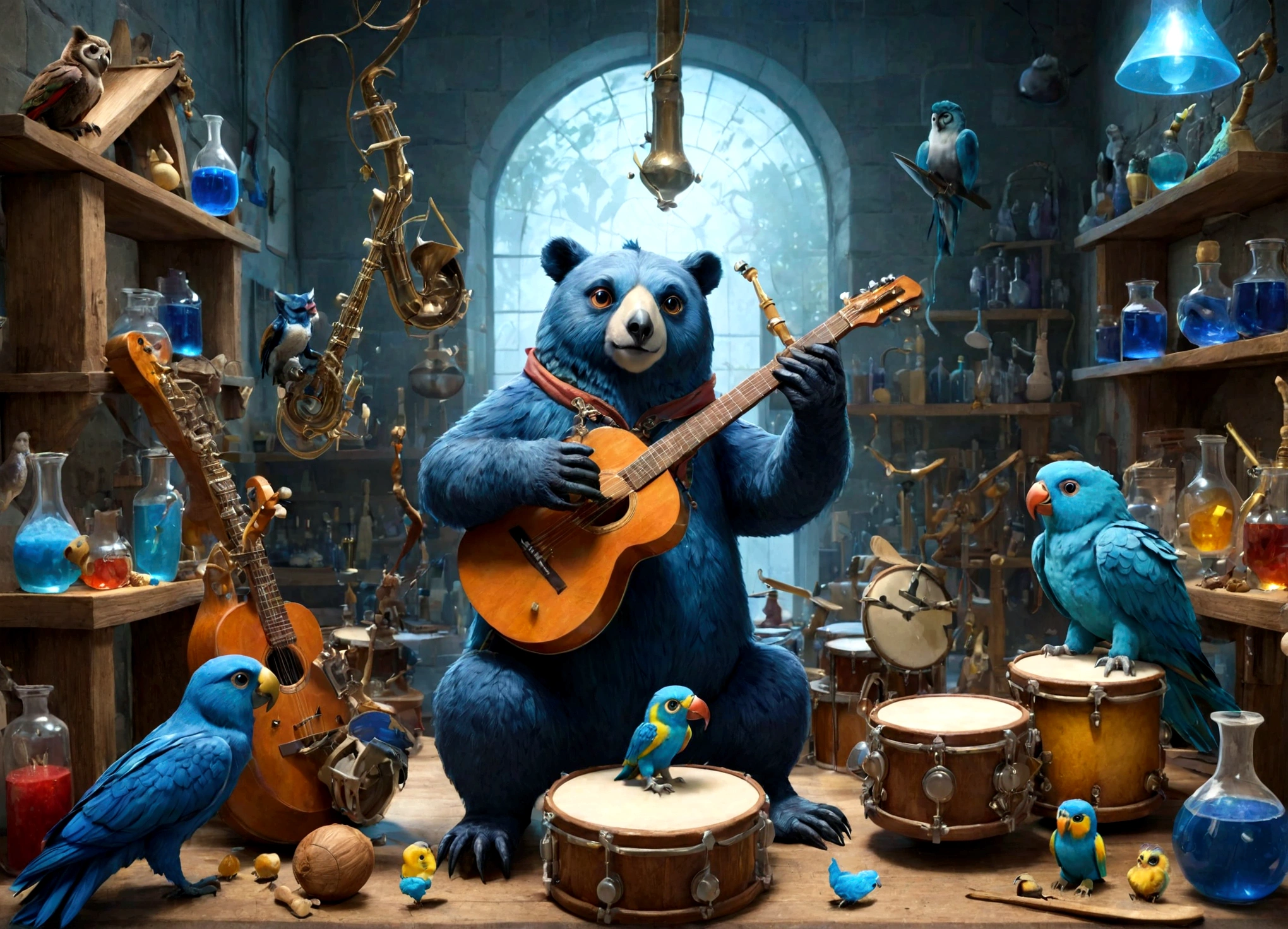 Sucrose in his laboratory, with music guitars and drums, to make a blue potion; animals(bears, owls and parrots) playing musical instruments.