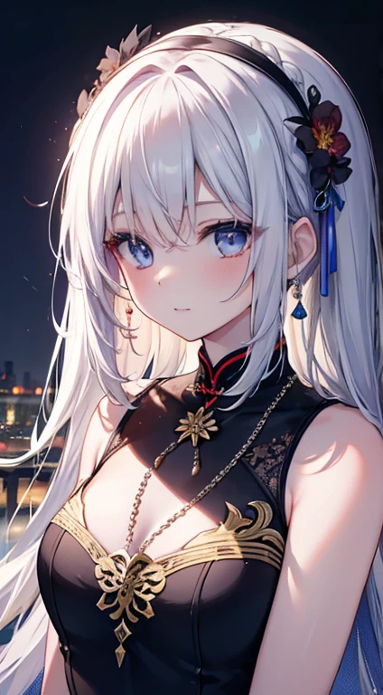 masterpiece、highest quality、High resolution、high quality images、8K, 1 female、skin luster、skin texture、Expression of fine eyes、Girl with long braided hair, realism, Detailed manga style, manga art style, perfect line drawing, beautiful line drawing, digital manga art girl,
(beautiful golden eyes:1.5), Clear, beautiful eyes、plump lips, Detailed gorgeous face, (cute smile), charm, Front view, (perfectly detailed face), (fine hands) 、(Five fingers:1.3)、photorealistic images, Depth of written boundary, face forward , night sky , night view ,beautiful starry sky , romanticism、(Taisho Era、japanese black and golden kimono:1.5)、(large breasts:1.35)、blush、(white Hair:1.3)、Gorgeous blue sparkling earrings、Gorgeous gold bracelet、Gorgeous gold anklets、(oblong face:1.5)、(Sparkling Glitter:1.2)、Bangs between the eyes、(portrait:1.6)
Graceful、Kyoto street、Moon Night,The beautiful old town of Kyoto、(Hands should be hidden behind the body:1.4)、Hairpin