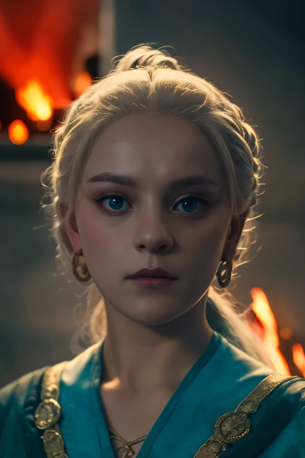 (((Cinematic epic poster))) of Helaena Targaryen , Gothic style, (((detailed face))), (a detailed RAW photo of a ), (master part:1.0), (best quality:1.4), (Ultra Highres:1.2), (photorealistic:1.4), 8K resolution, Canon EOS R5, 50 millimeters, Absurd, Ultra Detailed, sharp focus, Cinematic lighting, detailed face, (ULZZANG-6500-V1.1), detailed skin texture, pale skin, chest round, (pale :0.5), Cinematic lighting. (((Abstract vision of flame background, cinematic lighting )))