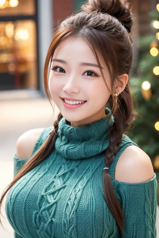 Christmas　Knitted clothing　Big Breasts　Four-legged ponytail　smile　Beautiful Woman　Looking up　
