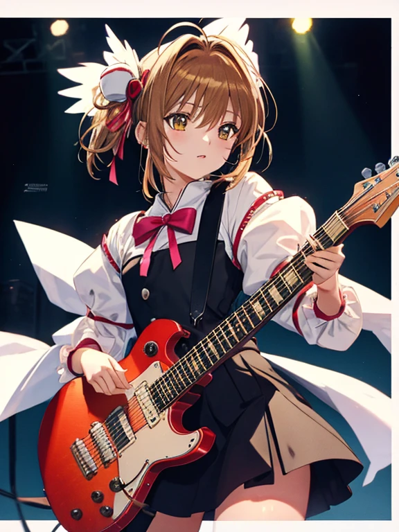 guitarist、stage、Card Captor Sakura_Sakura Kinomoto、UHD, retina, masterpiece, ccurate, anatomically correct, textured skin, super detail, high details, high quality, best quality, highres, 4K