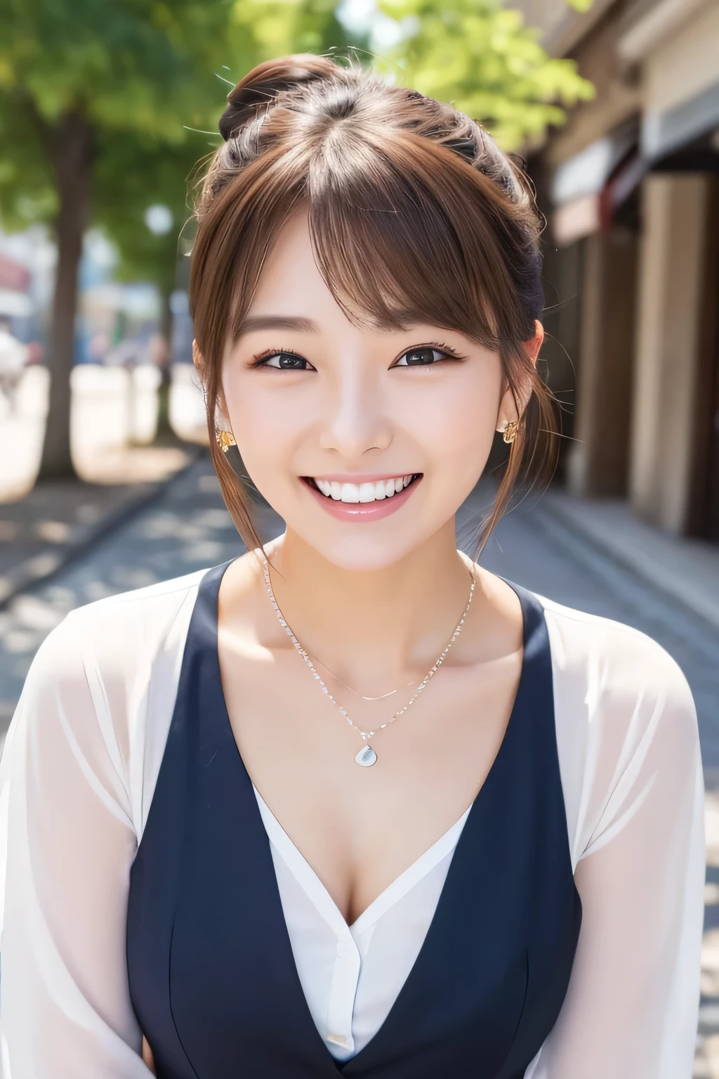 young woman、 Korean women、Light brown hair、Hairstyle bun、ear piercing、Necklace around the neck、business suit、smile、Laughing with your mouth open、Beautiful teeth alignment、Intricate details, Very detailed:1.2), 、 Looking into the camera,The background is the town、