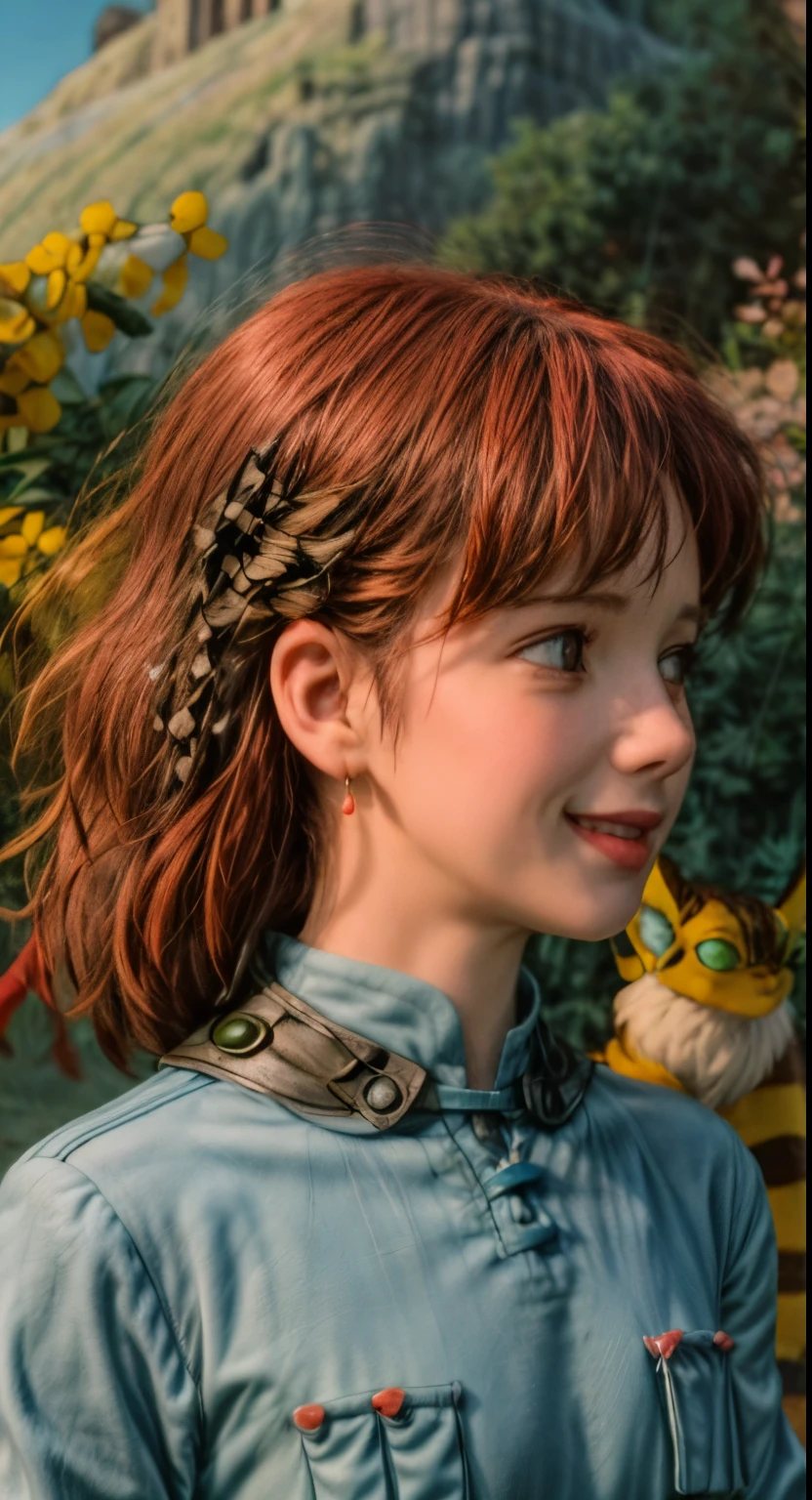 Ghibli style, masterpiece, high quality, One girl, (masterpiece:1.4), (最high quality:1.4), (High resolution:1.4), One girl, Redhead, Brown eyes, smile, Nausicaa, In the valley, colorful, Medium chest, Upper Body, Top View, SFW, profile, A small yellow creature on your shoulder, here, 