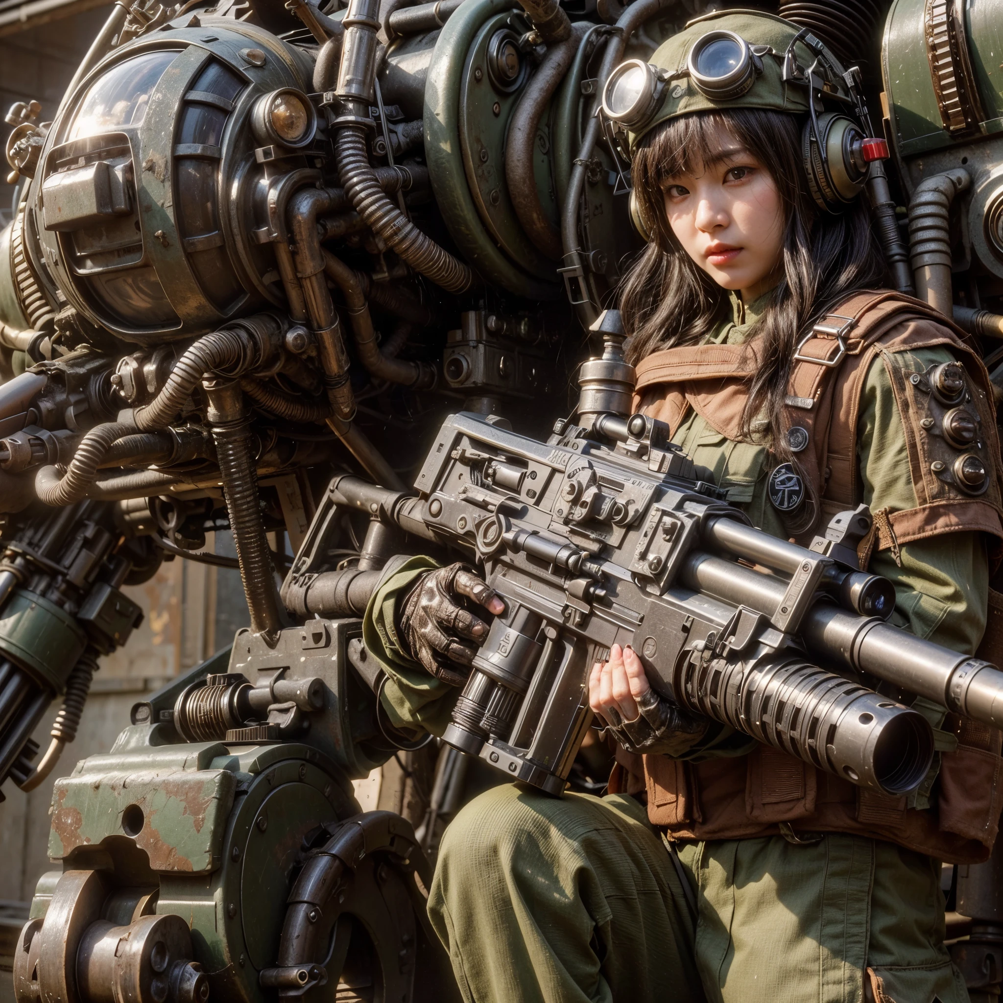 8K, Real Photo, Realistic Skin Texture, Super Realism, (WWII Era), (Mechanical Suit), Steampunk, Beautiful Forest Through Trees, Heavy Weapons, Vivid Textures, Beautiful Hair, Japanese Female Soldier, (Super Beautiful Face), Legs, ((Super Realistic All Textures)), ((Superall intricate details))), full body shot, super clear photo results, olive drab color, scratches, rust, weathering, sweat, action poses in motion, shot with Fujifilm X-T30 + Nokton. HDR10, minimum 4 images created.