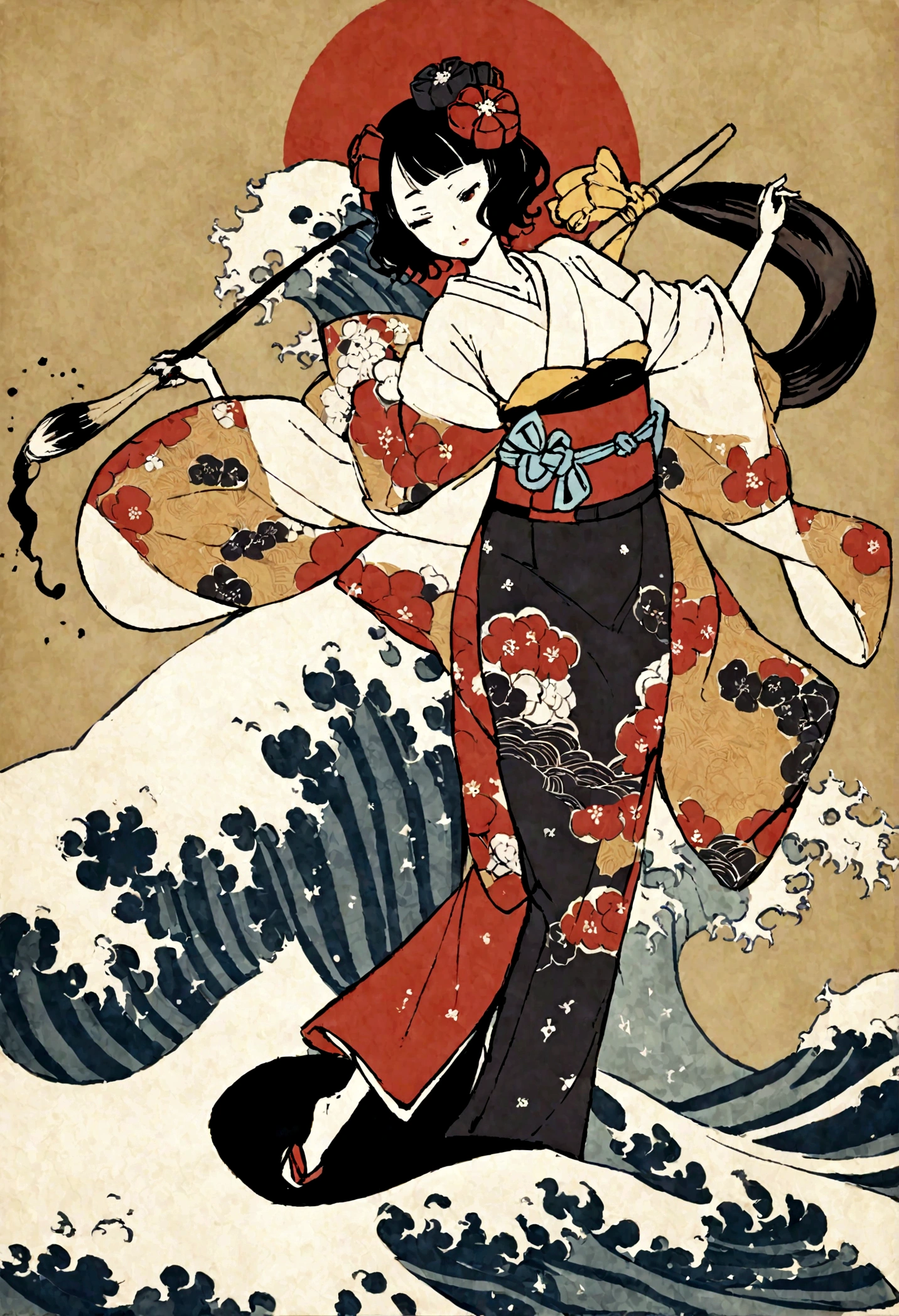 Calligraphy performance, kimono, huge brush, ink, splashes, bold waves dancing with big brush, Hokusai Katsushika, delicate and precise, modern Ukiyoe style, girl