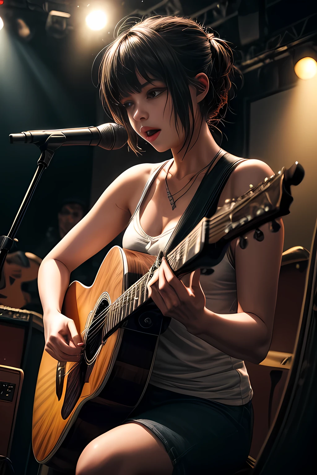 a talented guitarist playing an Acoustic guitar, photorealistic, highly detailed, intricate, cinematic lighting, dramatic shadows, vibrant colors, musical instruments, stage performance, focus on the musician's hands and expression, crowd in the background, studio lighting, ultra-detailed, best quality, 8k, HDR
