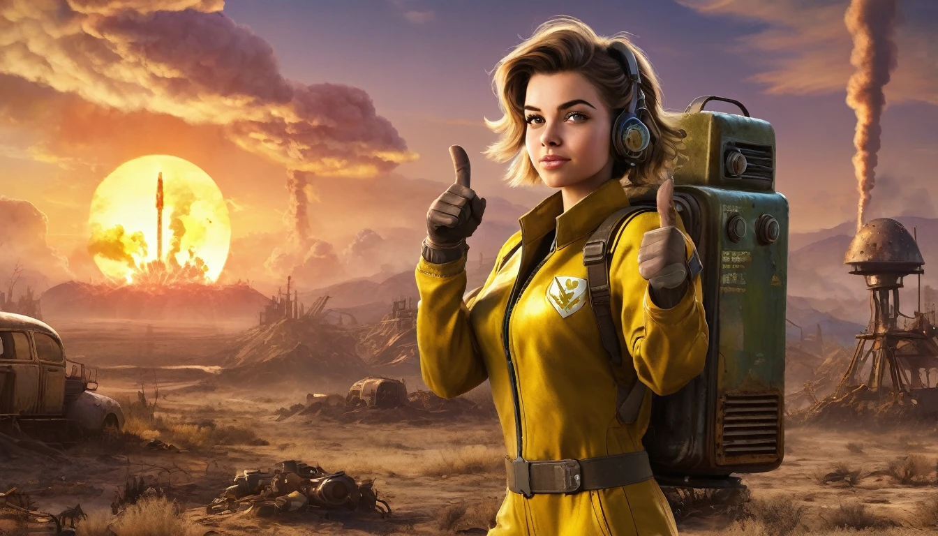 1girl, expressive eyes, wink, in fallout vault jumpsuit with pip-boy 3000 , thumbs up pose, wasteland in sunset and nuclear bomb explosion with mushroom cloudin background, detail richness, masterpiece, best quality, fallout style