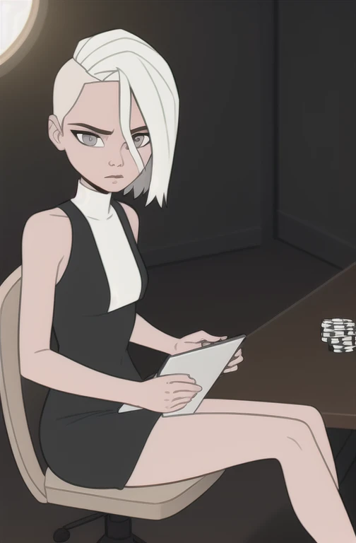 (dark theme:0.6), Glucose, 1 woman, mature and rough face, altushka, clear facial expression, One, short hair, in a black short dress, sleeveless dress, sexuality, Long legs, High growth, bright sun, wound,  1.2), sitting in the VIP room on a chair at the poker table in the middle, sits in the office, big office, Office table, sitting at the computer, computer on desk, Looking at the computer, White hair, pomade, decrease, grey eyes, Sharp image, crop top, (HDR:1.22), Muted colors, complex background, Hyper detailed, art [[Jordan Grimmer]], close-up