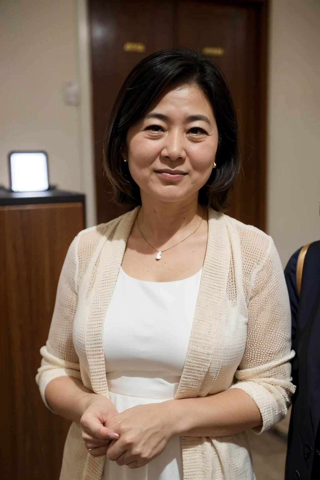 politician、50-year-old woman、ID photo、White formal attire、Light from the front