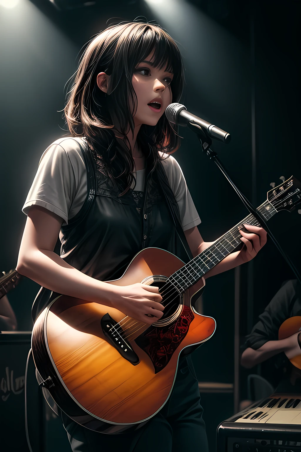 a talented guitarist playing an Acoustic guitar, photorealistic, highly detailed, intricate, cinematic lighting, dramatic shadows, vibrant colors, musical instruments, stage performance, focus on the musician's hands and expression, crowd in the background, studio lighting, ultra-detailed, best quality, 8k, HDR