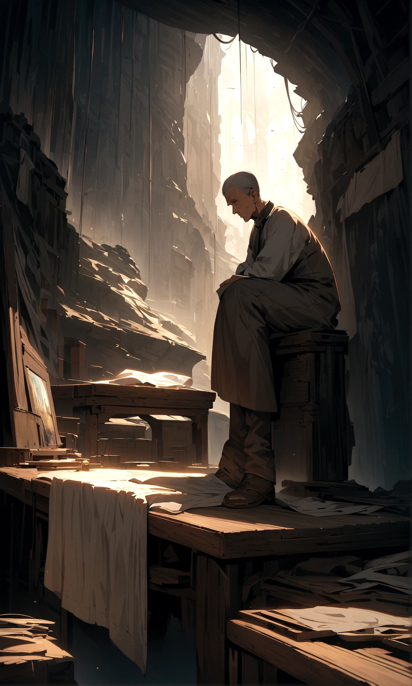 In the cave,An old man meditates facing the wall、desolate、there is nothing、Rear view、Skinheads、Cover with cloth、Art Station, high resolution, Intricate details, Movie, best quality, 4k, 8K, high resolution, masterpiece