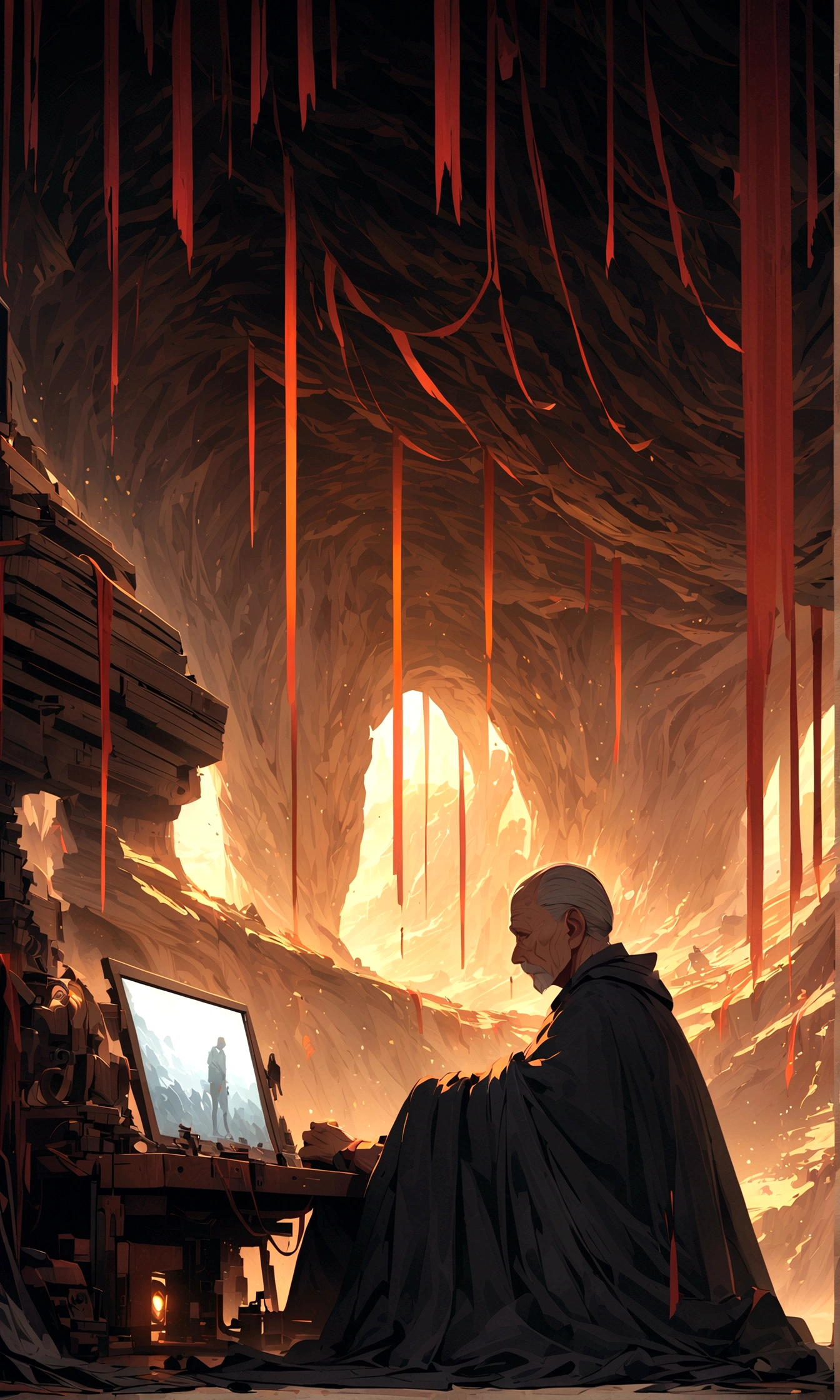 In the cave,An old man meditates facing the wall、desolate、there is nothing、Rear view、Skinheads、Cover with cloth、Art Station, high resolution, Intricate details, Movie, best quality, 4k, 8K, high resolution, masterpiece