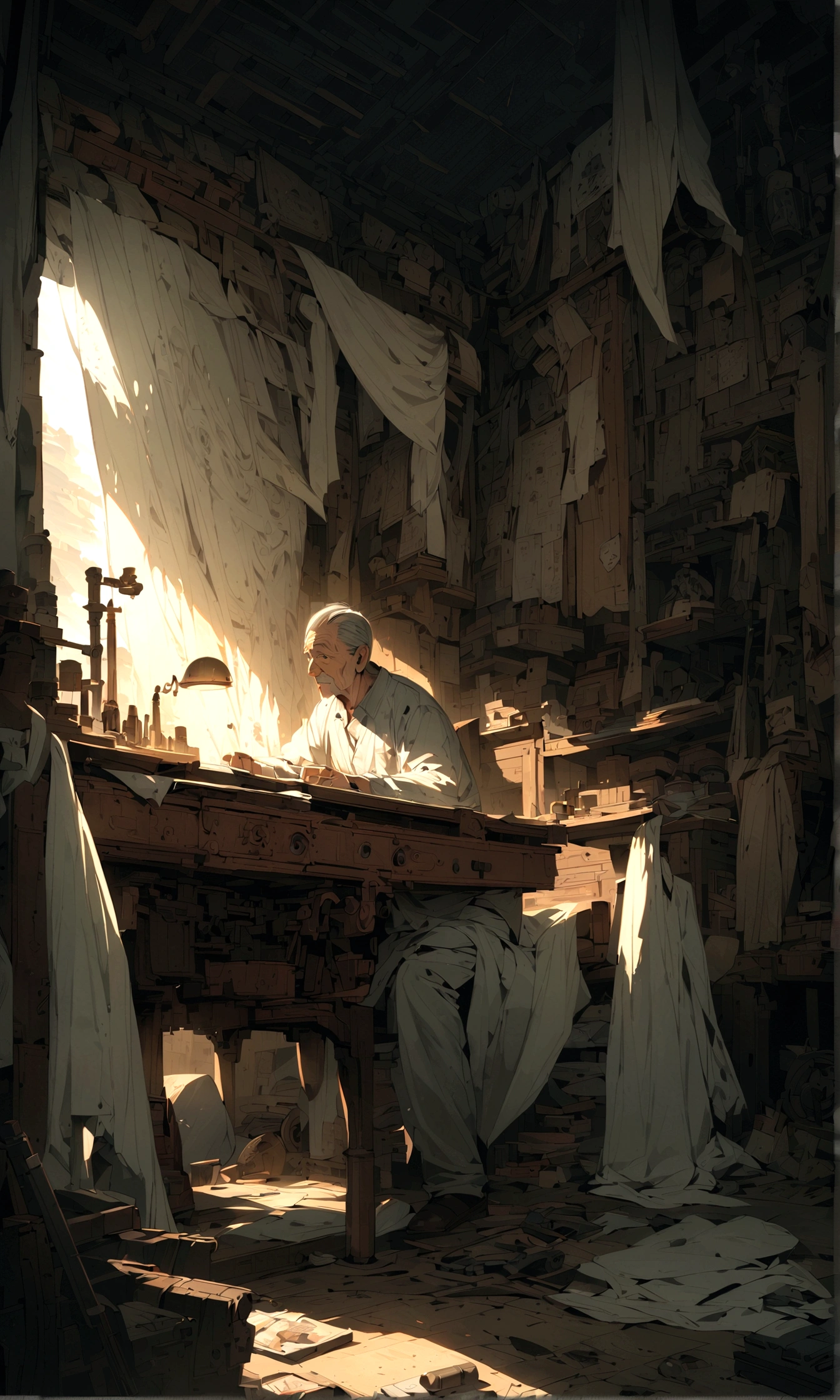 In the cave，An old man meditates facing the wall、desolate、there is nothing、Rear view、Skinheads、Cover with cloth、Art Station, high resolution, Intricate details, Movie, best quality, 4k, 8K, high resolution, masterpiece