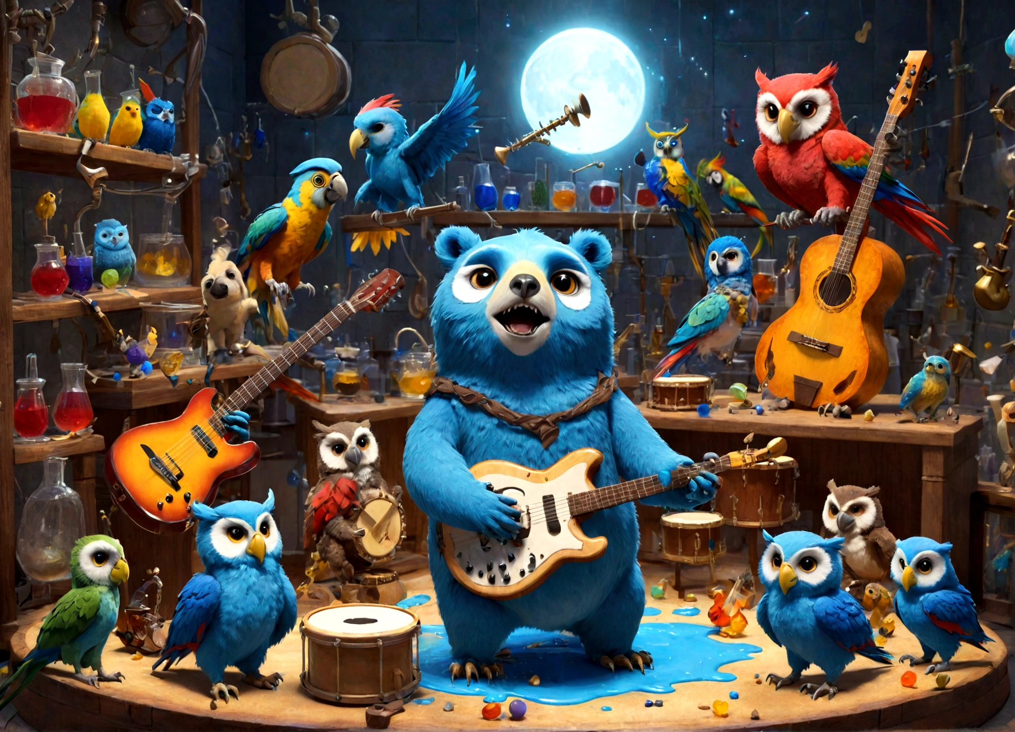 Sucrose in his laboratory, with music guitars and drums, to make a blue potion; happy animals (bears, owls and parrots) playing musical instruments.