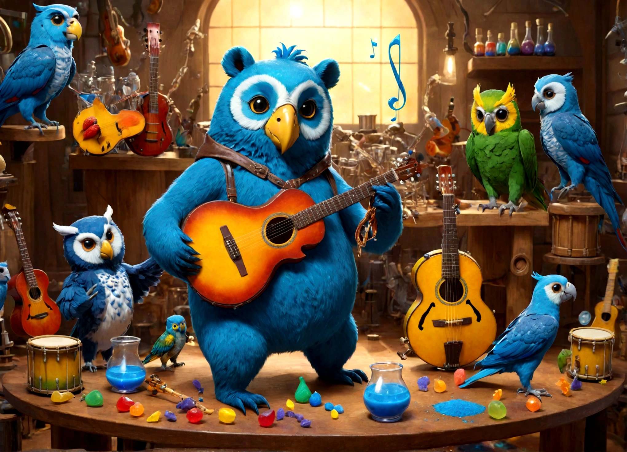 Sucrose in his laboratory, with music guitars and drums, to make a blue potion; happy animals (bears, owls and parrots) playing musical instruments.