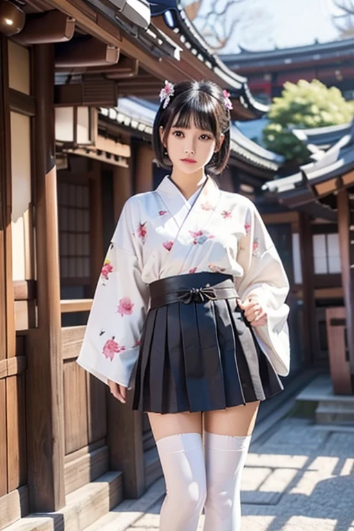 1girl, solo, looking at viewer, short hair, bangs, skirt, black hair, hair ornament, thighhighs, standing, outdoors, japanese clothes, kimono, blurry, black eyes, white thighhighs, sash, blurry background, floral print, realistic, architecture, east asian architecture,full_body,japanese