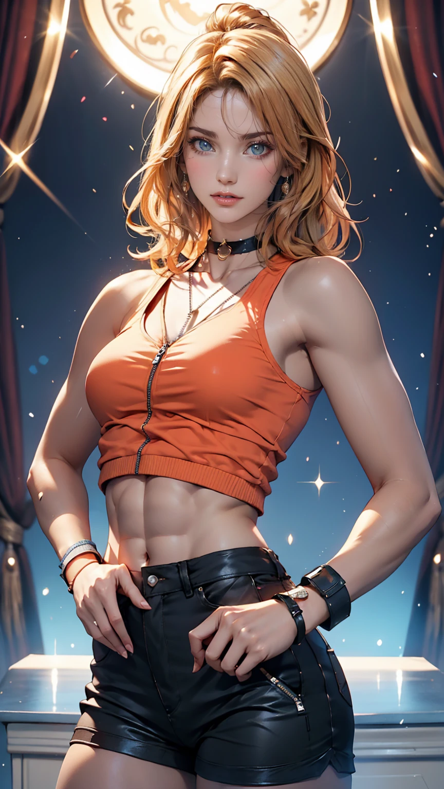 A 23-year-old white woman with unparalleled beauty、blue eyes、The eyes are wide open、Dark Blonde、Hair is wavy、semi-long、smile、The navel is sticking out、My abs are ripped、Sexy proportions、Photorealistic images、8K quality、My chest is popping out、I want my head to stay off screen、I have a wristband on my wrist、Model-like height and style、Secure head space、チャーミングなsmile、Beautiful skin、Black elbow support、Wearing accessories on the wrist、Background is white、The light is shining from the front、Skin glows、Nude painting、wearing a black choker、wearing a zipper-up tank top、Short jacket、Place your hands on your hips to emphasize your chest、I'm wearing leggings