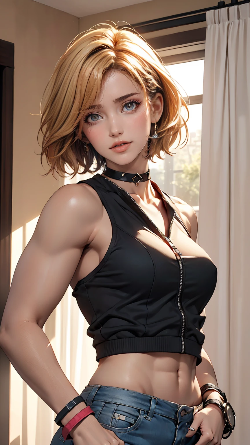 A 23-year-old white woman with unparalleled beauty、blue eyes、The eyes are wide open、Dark Blonde、Hair is wavy、semi-long、smile、The navel is sticking out、My abs are ripped、Sexy proportions、Photorealistic images、8K quality、My chest is popping out、I want my head to stay off screen、I have a wristband on my wrist、Model-like height and style、Secure head space、チャーミングなsmile、Beautiful skin、Black elbow support、Wearing accessories on the wrist、Background is white、The light is shining from the front、Skin glows、Nude painting、wearing a black choker、wearing a zipper-up tank top、Short jacket、Place your hands on your hips to emphasize your chest、I'm wearing leggings