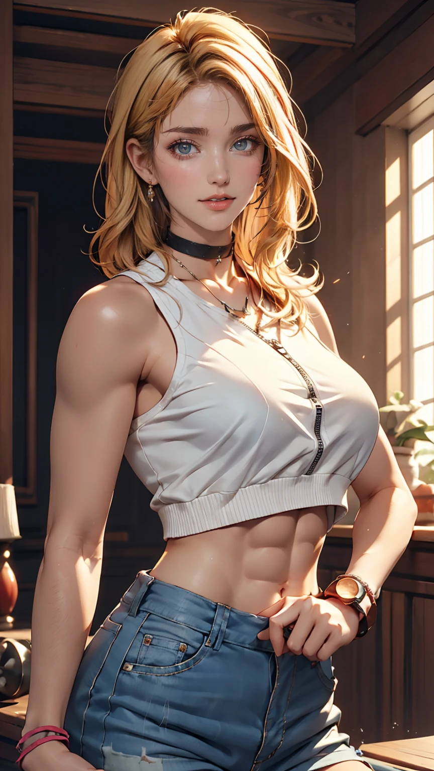 24-year-old woman、Blonde((blonde hair))、Hair in the eyes((hair over eyes))、Hair that hides one eye((hair over one eye))、Cropped tops((crop top))Tops、Slim Abs: 1.2、Hipbone Skirt((hipbone skirt))、Stiletto heels、Clutch bags、Put one hand on your hip、Cowboy Shot