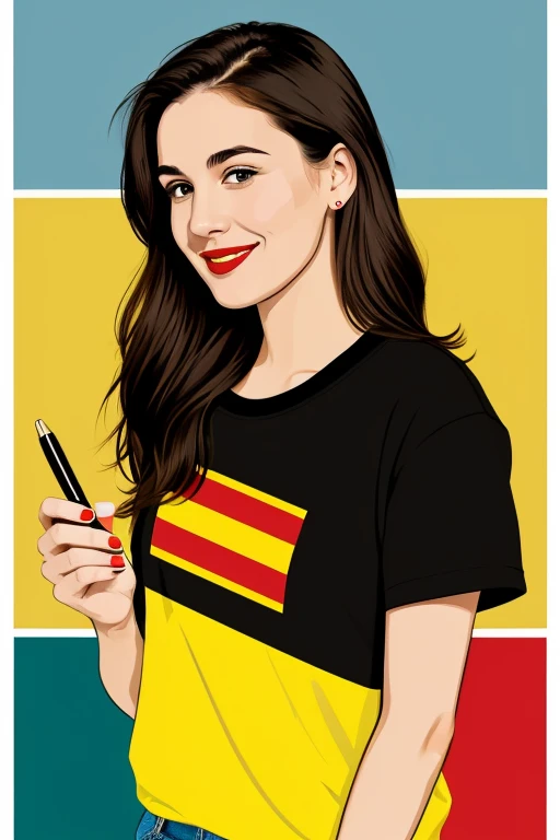 ((best quality)), A blend of pop art and flat design with bold outlines, a limited color palette (focus on red, yellow, and black), and a touch of comic book elements (speech bubble). Mid-20s, with an expressive face that conveys curiosity and knowledge.
A thoughtful expression with a hint of a smile.
Short, brown hair with a side part, styled in a relaxed way.
Wearing a stylish outfit like dark-wash jeans, a graphic t-shirt related to food or health, and a bomber jacket.
Holding a notepad and pen in their hands.