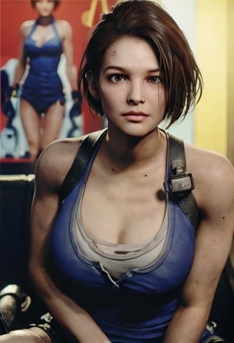 Jill valentine fighting,crying Sienna Guillory,(open thighs),solo,(shoot from below),dark pubic hair, big breasts ,(white panties),(covered nipples),man spread,navy blue tight mini skirt,(up skirt),short hair, brown hair, blue eyes,