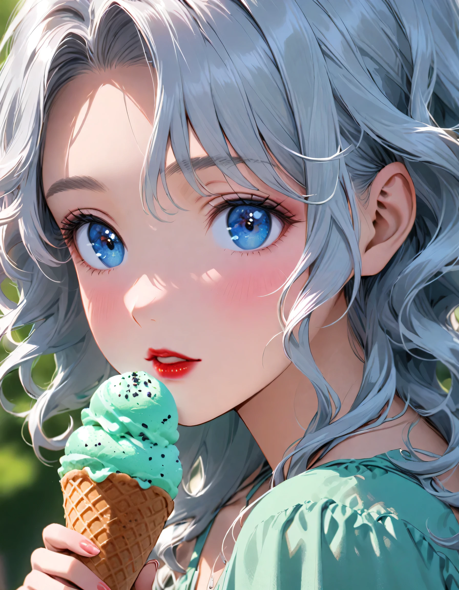 Close-up of a person holding an ice cream cone, pretty girl, Wavy silver-haired woman, bangs, Bright Blue Eyes, Red lips, Gentle green dress,