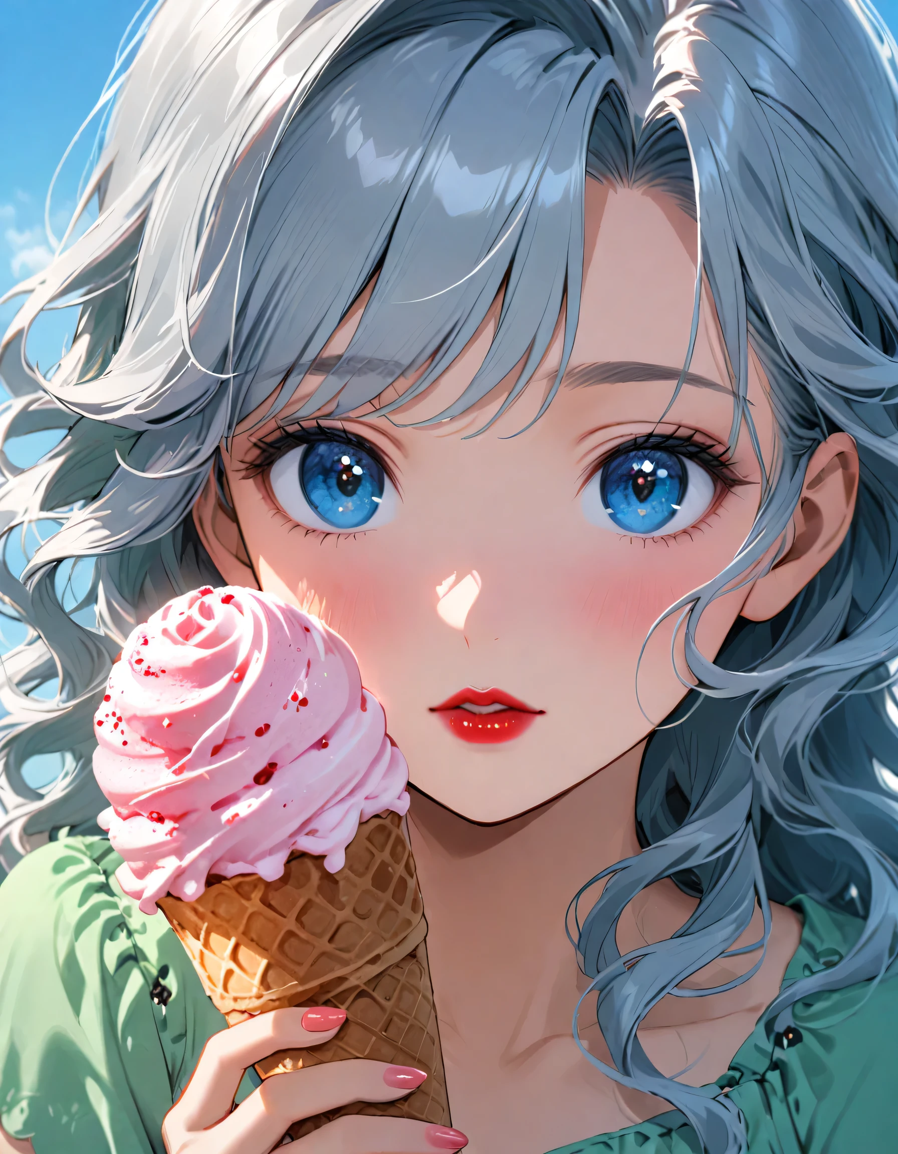 Close-up of a person holding an ice cream cone, pretty girl, Wavy silver-haired woman, bangs, Bright Blue Eyes, Red lips, Gentle green dress,