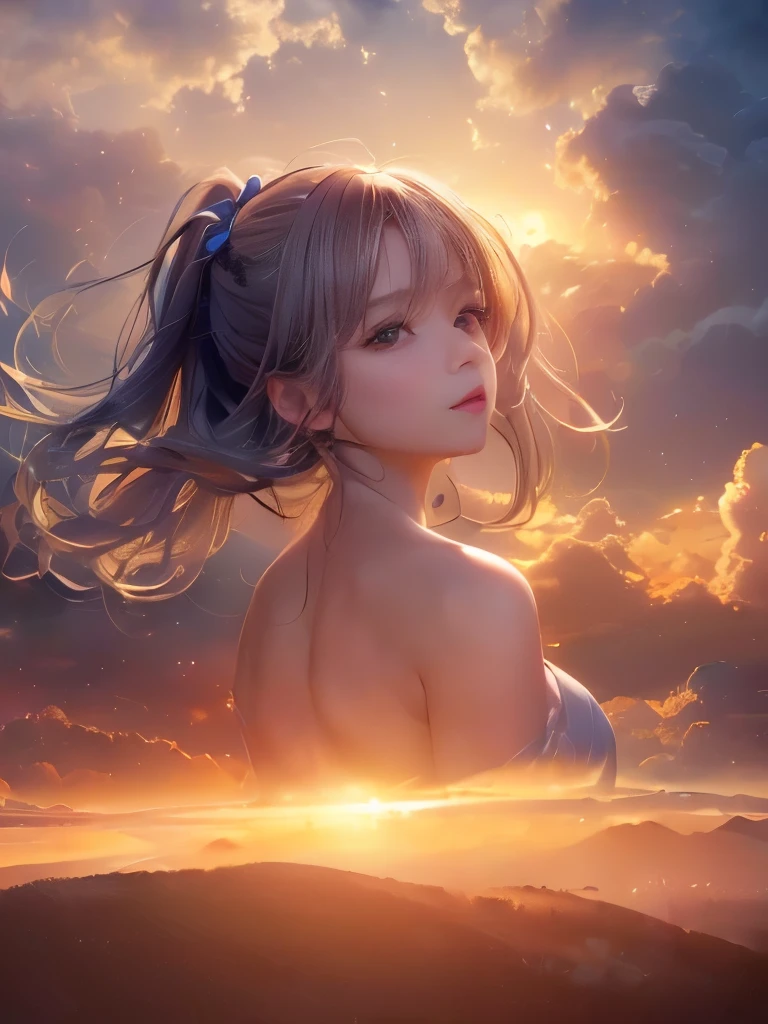 (masterpiece, highest quality, Ultra high definition, Ultra-high resolution, 8K Raw Photo:1.5), Movie stills, One girl, Very beautiful perfect girl, Cloud Girl, Floating in the sky, close, bright, Happy, Warm and soft lighting, sunset, (spark:0.7)