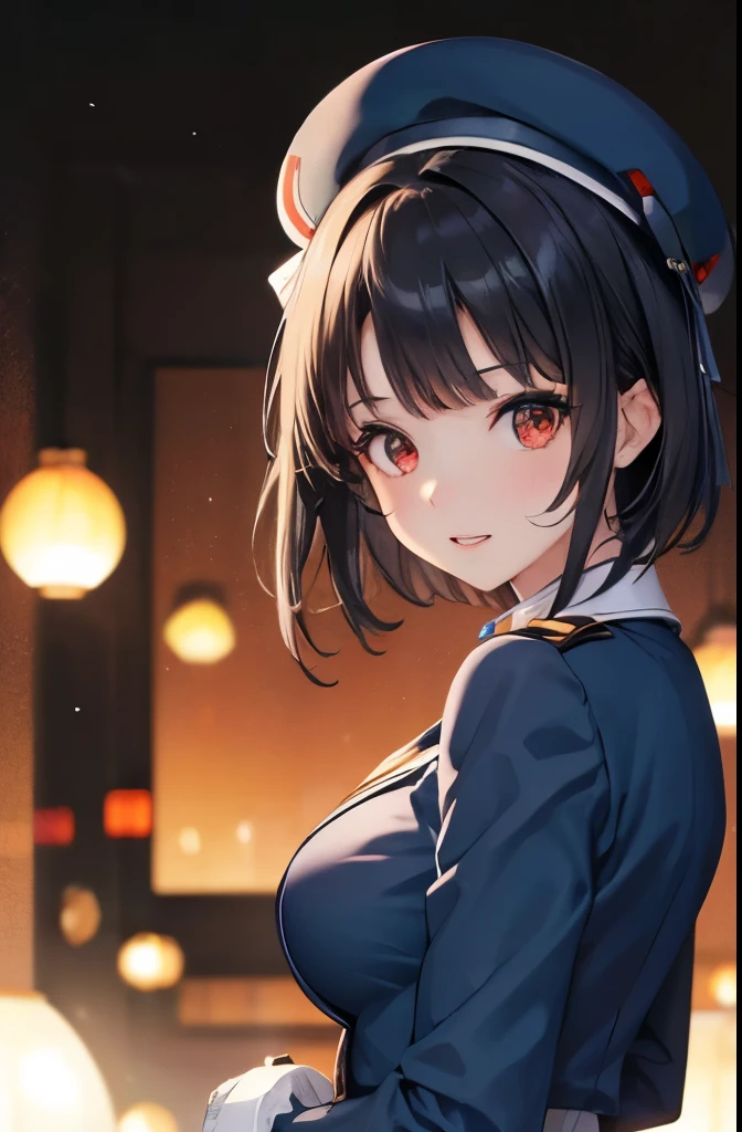 (masterpiece, highest quality:1.2),figure,8k,High resolution,One girl,alone,Upper Body,(Portraiture:1.2),Takao \(Kantai Collection\),Black Hair,Red eyes,short hair,Big Breasts,Long sleeve,Have,Black gloves,Black knee socks,mini skirt,Blue Skirt,uniform,beret,Garter Straps,Blue jacket,Blue hat,Pencil Skirt,Butt, Panty shot, Are standing, teeth, Browsing Caution