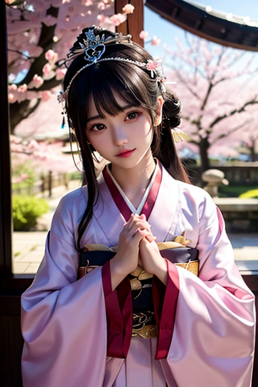 goddess 12unlined kimono The color is lustrous upright Joining hands in prayer looking at the camera Background is cherry blossoms Front view tiara Upper Body big