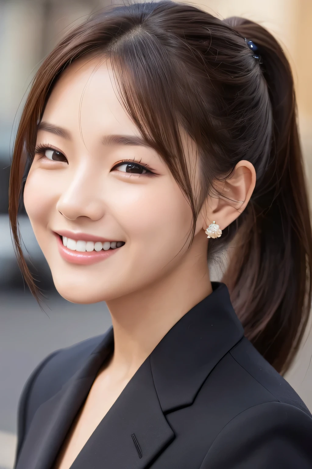 young woman、 Korean women、Brown Hair、Hairstyle Ponytail、ear piercing、、Black business suit、smile、Laugh with your mouth closed、Intricate details, Very detailed:1.2), 、 Looking into the camera,The background is the town、